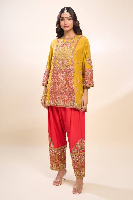 Buy_Debyani + CO_Mustard Silk Sequins, Embroidery Round Neck Yellow Kurta Set With Dupatta 