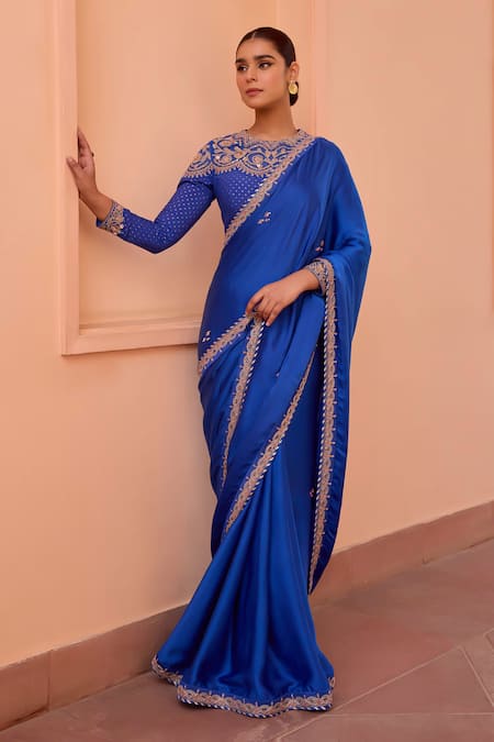 Shop_ISHA GUPTA TAYAL_Blue Satin, Chanderi Sequins, Pearls Noor Border Embroidered Saree With Blouse _Online_at_Aza_Fashions