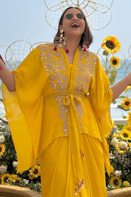 Shop ISHA GUPTA TAYAL Yellow Satin, Organza, Crepe Beads, Sequins, Aashna Kimono Top Skirt Set at Aza Fashions Shop_ISHA GUPTA TAYAL_Yellow Satin, Organza, Crepe Beads, Sequins, Aashna Kimono Top Skirt Set _at_Aza_Fashions