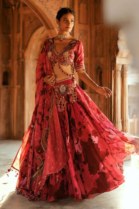 Buy ISHA GUPTA TAYAL Pink Organza, Silk Sequins, Beads, Embroidery V-neck Floral Print Lehenga Set Buy_ISHA GUPTA TAYAL_Pink Organza, Silk Sequins, Beads, Embroidery V-neck Floral Print Lehenga Set