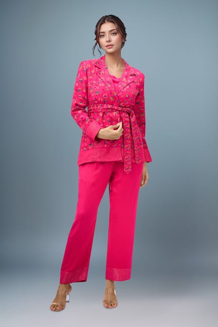 Safaa Pink Collared Floral Print Pant Set 