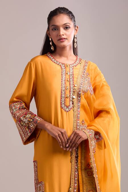 Debyani + CO_Orange Silk Sequins, Embroidery Round Neck Burnt Kurta Set With Pant And Dupatta _Online_at_Aza_Fashions