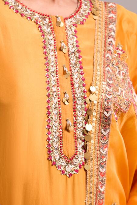 Buy_Debyani + CO_Orange Silk Sequins, Embroidery Round Neck Burnt Kurta Set With Pant And Dupatta _Online_at_Aza_Fashions
