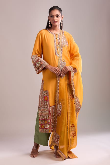Shop_Debyani + CO_Orange Silk Sequins, Embroidery Round Neck Burnt Kurta Set With Pant And Dupatta _Online_at_Aza_Fashions