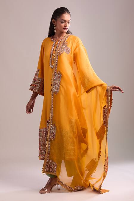 Debyani + CO_Orange Silk Sequins, Embroidery Round Neck Burnt Kurta Set With Pant And Dupatta _at_Aza_Fashions