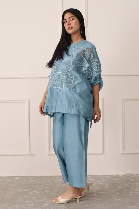 Midori By Sgv Embroidered Blue Cotton Silk Kaftan Set 