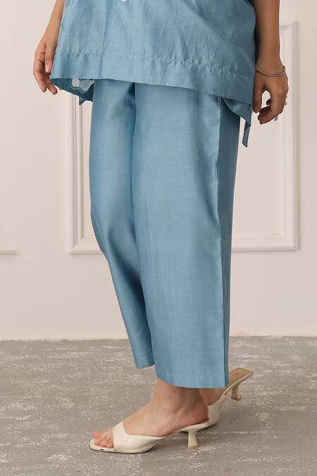 Midori By Sgv_Blue Cotton, Silk, Chanderi Embroidery Round Neck Kaftan Set _Online_at_Aza_Fashions