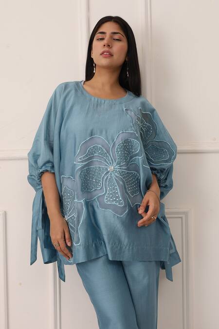 Buy_Midori By Sgv_Blue Cotton, Silk, Chanderi Embroidery Round Neck Kaftan Set _Online_at_Aza_Fashions