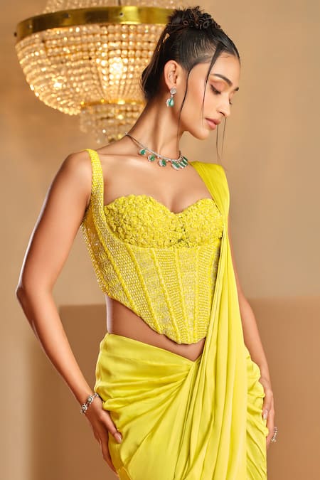 K & A By Karishma And Ashita_Yellow Net, Satin Beads, Embroidery Sweetheart Neck And Pre-draped Saree Set _Online_at_Aza_Fashions