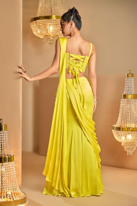 K & A By Karishma And Ashita Yellow Net & Satin Pre-Draped Saree Set 