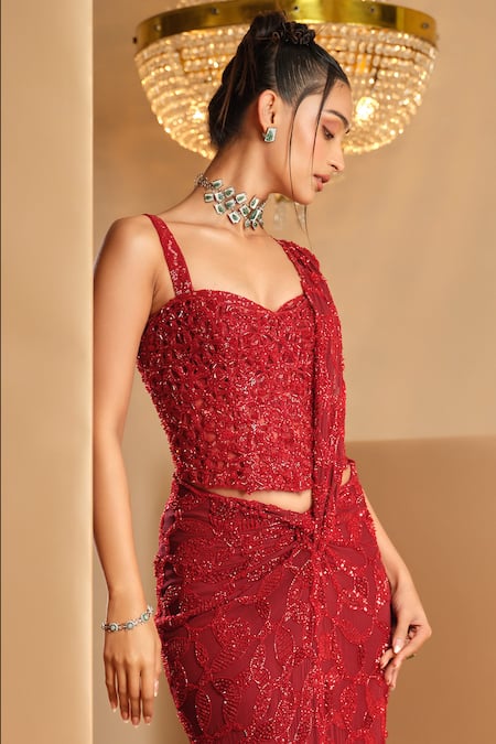 K & A By Karishma And Ashita_Red Georgette Sequins, Beads Sweetheart Neck Dark Pre-draped Saree And Corset Set _Online_at_Aza_Fashions