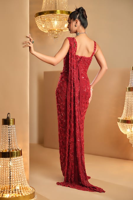 K & A By Karishma And Ashita Dark Red Pre-Draped Saree & Corset Set 