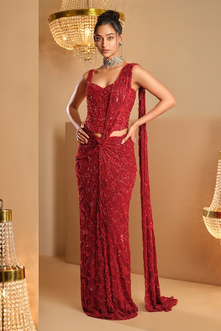 K&A By Karishma and Ashita Red Georgette Sequins, Beads Sweetheart Neck Dark Pre-draped Saree And Corset Set 