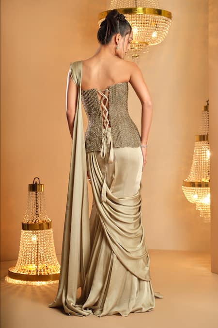 K & A By Karishma And Ashita Sage Green Pre-Draped Saree & Corset Set 