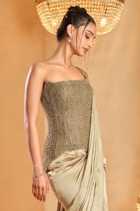 K & A By Karishma And Ashita_Green Net, Satin Beads Sage Pre-draped Saree And Corset Set _Online_at_Aza_Fashions