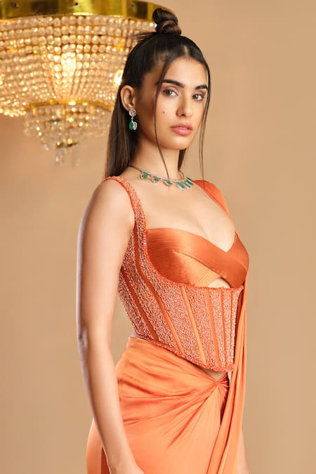 K & A By Karishma And Ashita_Orange Net, Satin Beads Sweetheart Neck Designer Pre-draped Saree And Corset Set _Online_at_Aza_Fashions