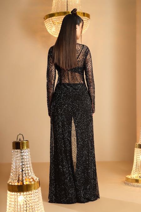 K & A By Karishma And Ashita Black Net & Crepe Jacket Pant Set 