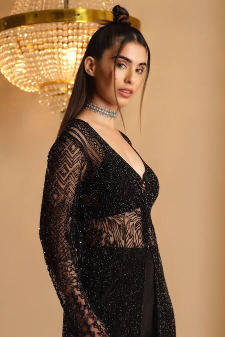 K & A By Karishma And Ashita_Black Net, Crepe Beads V-neck And Jacket Pant Set _Online_at_Aza_Fashions