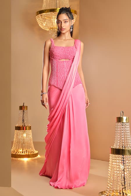 K&A By Karishma and Ashita Pink Net, Satin Beads Square Neck Pre-draped Saree With Corset 