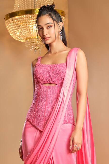 K & A By Karishma And Ashita_Pink Net, Satin Beads Square Neck Pre-draped Saree With Corset _Online_at_Aza_Fashions