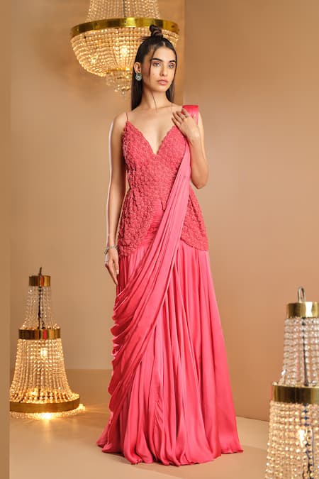 K&A By Karishma and Ashita Pink Net, Satin V-neck Pre-draped Saree And Corset Set 