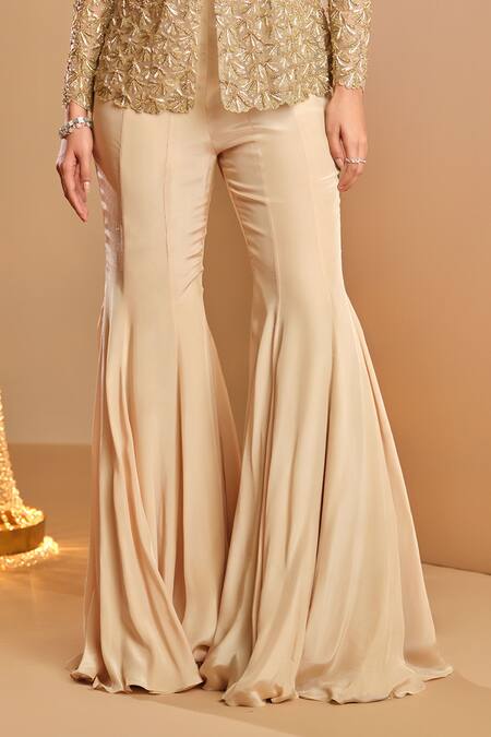 K & A By Karishma And Ashita_Gold Net, Crepe Embroidery Sweetheart Neck Embellished Jacket And Sharara Set _Online_at_Aza_Fashions