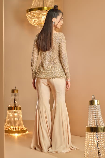 K & A By Karishma And Ashita Gold Net Embellished Jacket & Sharara Set 