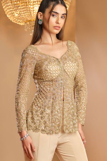 Buy_K & A By Karishma And Ashita_Gold Net, Crepe Embroidery Sweetheart Neck Embellished Jacket And Sharara Set _Online_at_Aza_Fashions