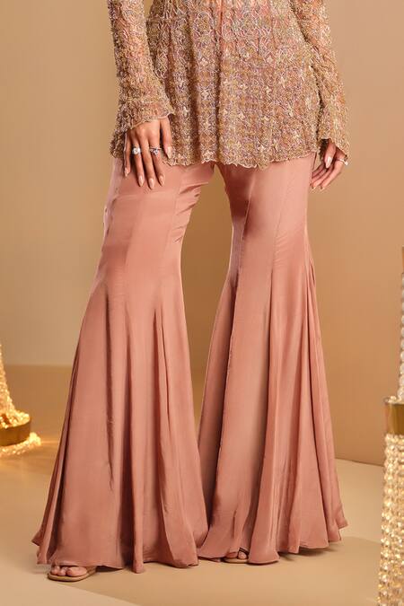 K & A By Karishma And Ashita_Brown Net, Crepe Embroidery V-neck And Jacket Sharara Set _Online_at_Aza_Fashions