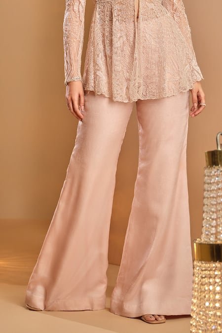 K & A By Karishma And Ashita_Pink Net, Organza Embroidery Scoop Neck Designer Tunic And Sharara Set _Online_at_Aza_Fashions