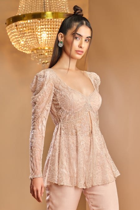 Buy_K & A By Karishma And Ashita_Pink Net, Organza Embroidery Scoop Neck Designer Tunic And Sharara Set _Online_at_Aza_Fashions