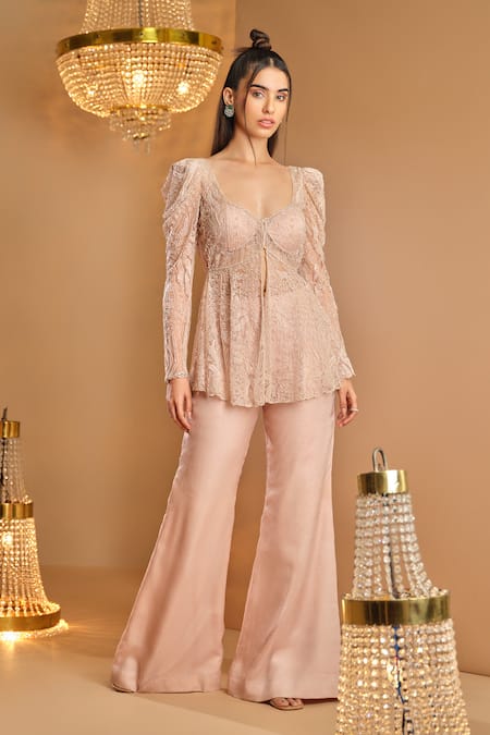 K&A By Karishma and Ashita Pink Net, Organza Embroidery Scoop Neck Designer Tunic And Sharara Set 