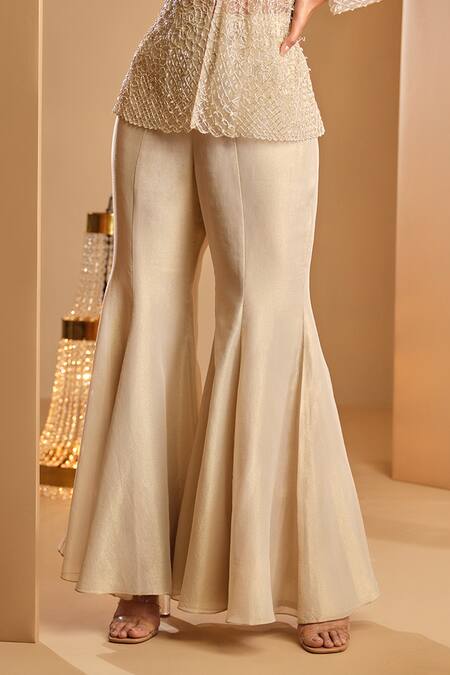 K & A By Karishma And Ashita_Gold Net, Tissue Beads, Embroidery V-neck And Tunic Sharara Set _Online_at_Aza_Fashions