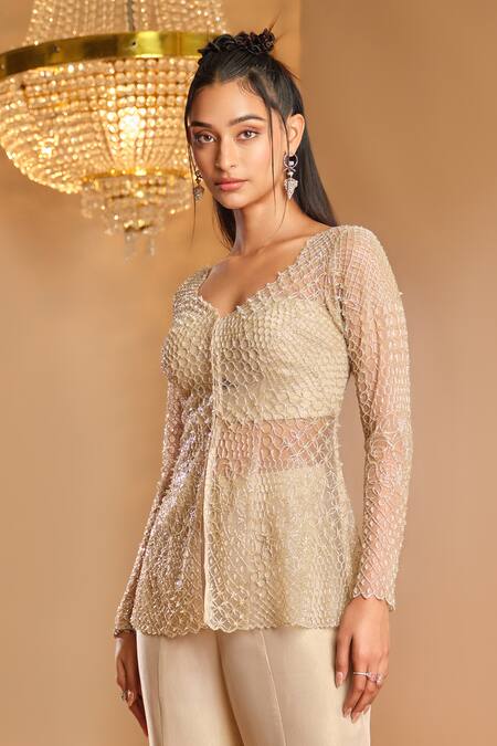Buy_K & A By Karishma And Ashita_Gold Net, Tissue Beads, Embroidery V-neck And Tunic Sharara Set _Online_at_Aza_Fashions