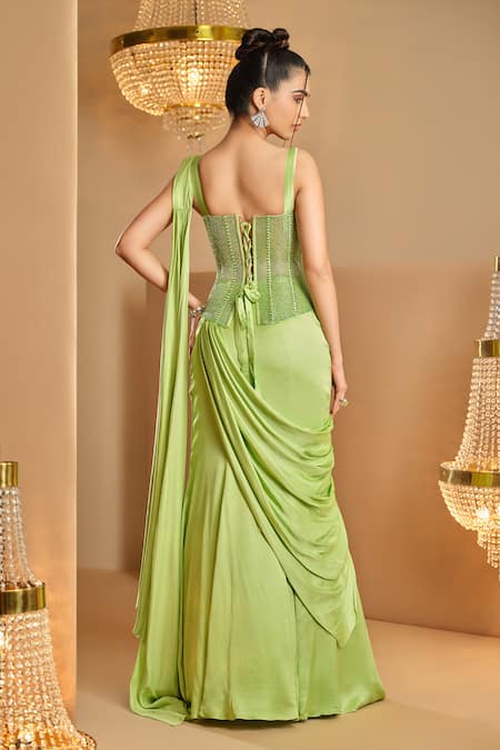 K & A By Karishma And Ashita Light Green Pre-Draped Saree & Corset 