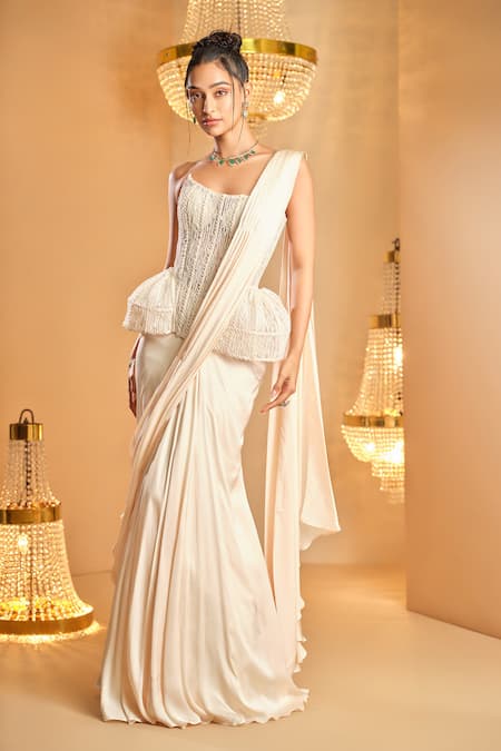 K&A By Karishma and Ashita White Net, Satin Beads, Embroidery Square Neck Pre-draped Saree And Corset Set 