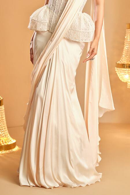 K & A By Karishma And Ashita_White Net, Satin Beads, Embroidery Square Neck Pre-draped Saree And Corset Set _Online_at_Aza_Fashions
