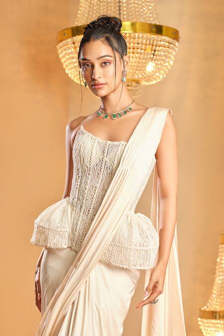 Buy_K & A By Karishma And Ashita_White Net, Satin Beads, Embroidery Square Neck Pre-draped Saree And Corset Set _Online_at_Aza_Fashions