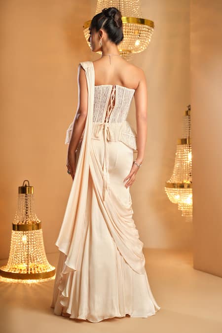 K & A By Karishma And Ashita White Pre-Draped Saree & Corset Set 