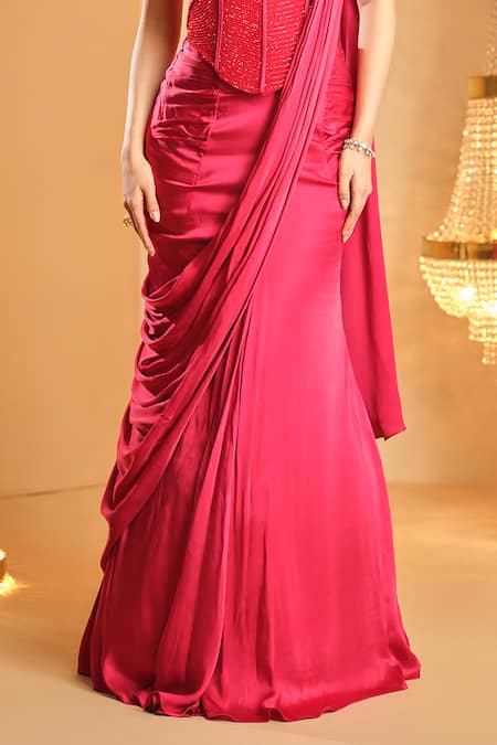 K & A By Karishma And Ashita_Red Net, Satin Beads Sweetheart Neck Pre-draped Saree With Corset _Online_at_Aza_Fashions