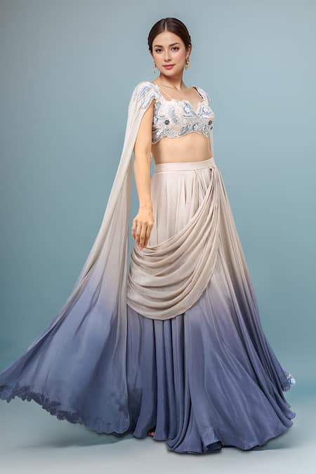 Jade By Ashima Beige Sequins, Embroidery Ombre Draped Fusion Lehenga Set 