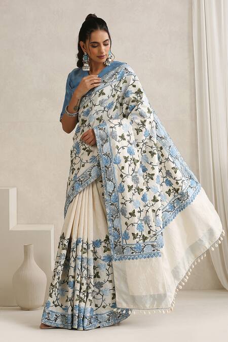 Buy Wazir C Blue Silk Embroidery, Tassels V-neck Nargis And Off White Saree With Blouse Online at Aza Fashions Buy_Wazir C_Blue Silk Embroidery, Tassels V-neck Nargis And Off White Saree With Blouse _Online_at_Aza_Fashions