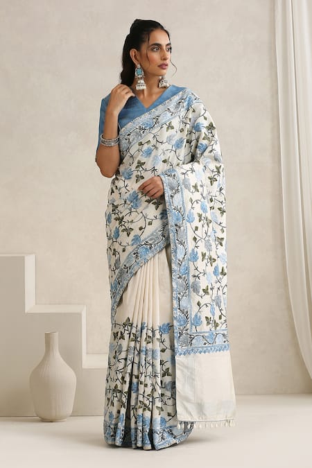 Wazir C Nargis Blue & Off White Saree With Blouse 