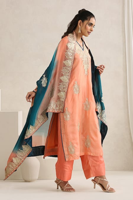 Buy Wazir C Peach Organza, Silk, Cotton Embroidery V-neck Nargis And Teal Blue Cape Set Online at Aza Fashions Buy_Wazir C_Peach Organza, Silk, Cotton Embroidery V-neck Nargis And Teal Blue Cape Set _Online_at_Aza_Fashions