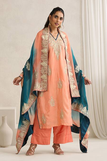 Wazir C Peach Organza, Silk, Cotton Embroidery V-neck Nargis And Teal Blue Cape Set at Aza Fashions Wazir C_Peach Organza, Silk, Cotton Embroidery V-neck Nargis And Teal Blue Cape Set _at_Aza_Fashions