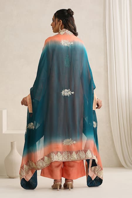 Shop Wazir C Peach Organza, Silk, Cotton Embroidery V-neck Nargis And Teal Blue Cape Set at Aza Fashions Shop_Wazir C_Peach Organza, Silk, Cotton Embroidery V-neck Nargis And Teal Blue Cape Set _at_Aza_Fashions