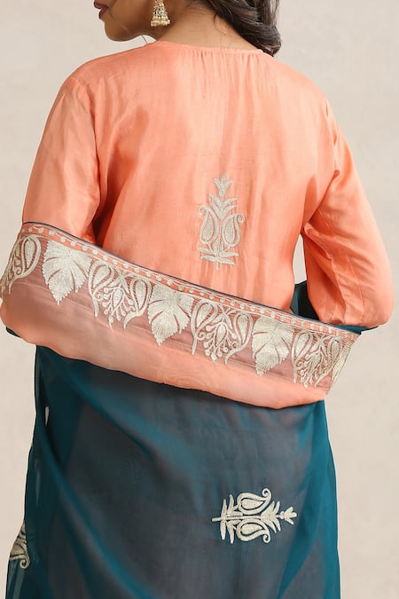 Buy Wazir C Peach Organza, Silk, Cotton Embroidery V-neck Nargis And Teal Blue Cape Set Buy_Wazir C_Peach Organza, Silk, Cotton Embroidery V-neck Nargis And Teal Blue Cape Set