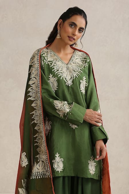 Shop_Wazir C_Green Organza, Silk, Cotton Embroidery V-neck Kashmiri Golden Tilla Kurta Set _Online_at_Aza_Fashions