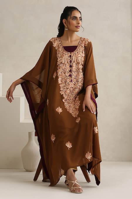 Wazir C Brown Georgette, Cotton Embroidery Round Neck Nargis Kaftan Set 