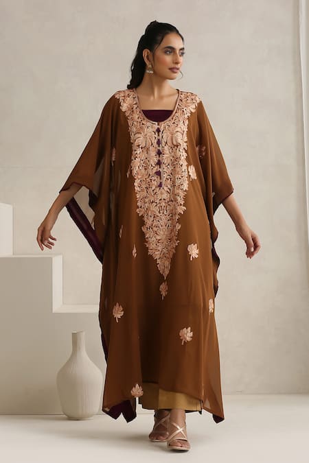 Wazir C Brown Georgette, Cotton Embroidery Round Neck Nargis Kaftan Set at Aza Fashions Wazir C_Brown Georgette, Cotton Embroidery Round Neck Nargis Kaftan Set _at_Aza_Fashions